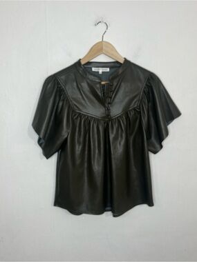 MELISSA NEPTON Lanni Vegan Leather Dark Khaki Blouse Top Size Medium